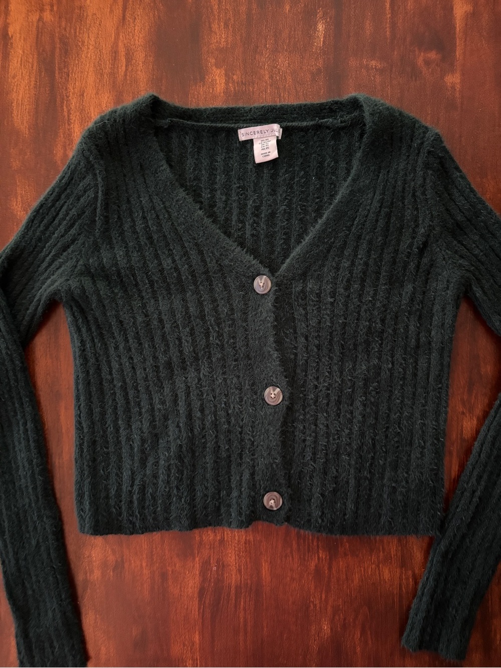 Sincerely Jules Cardigan Women’s Dark Green Ribbed V-Neck